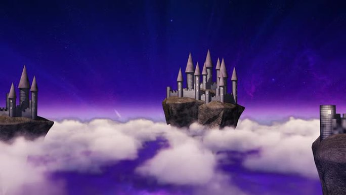 幻想场景中的天空城堡盘旋在云层上方