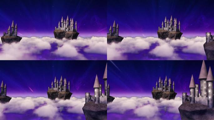 幻想场景中的天空城堡盘旋在云层上方
