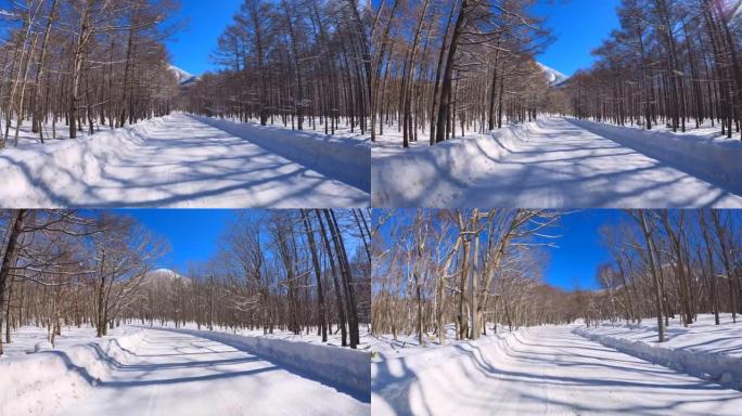 冬季在多雪山区的森林道路上行驶