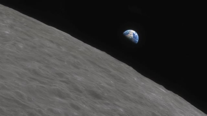 登月计划，飞船飞越月球表面。在月球背景下看到的地球。电影详细的3d动画。月球飞行太空计划的可视化