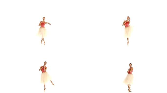 年轻女孩跳舞性感芭蕾，白色背景，慢动作