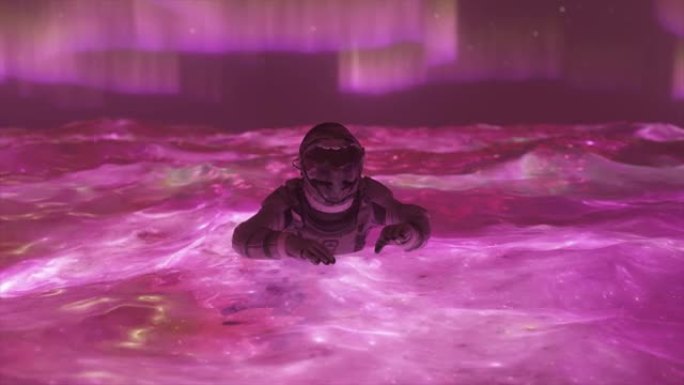 空间抽象概念。宇航员在红色的太空水中游泳。霓虹灯。北极光。浪。流。3d动画