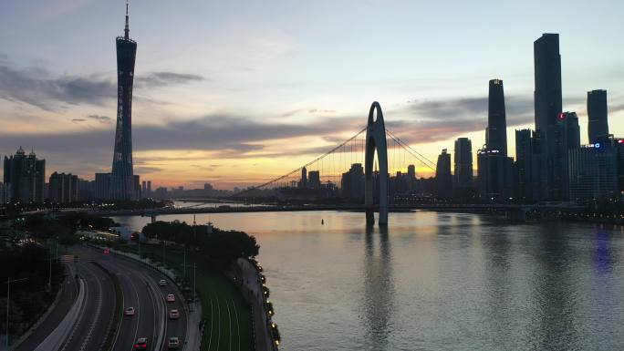 广州猎德大桥CBD航拍落日视频
