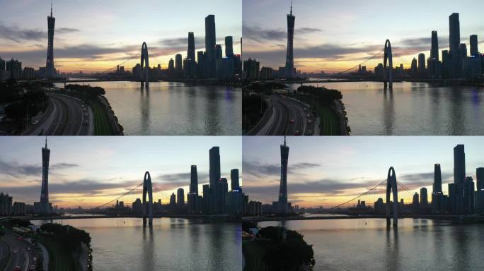 广州猎德大桥CBD航拍落日视频