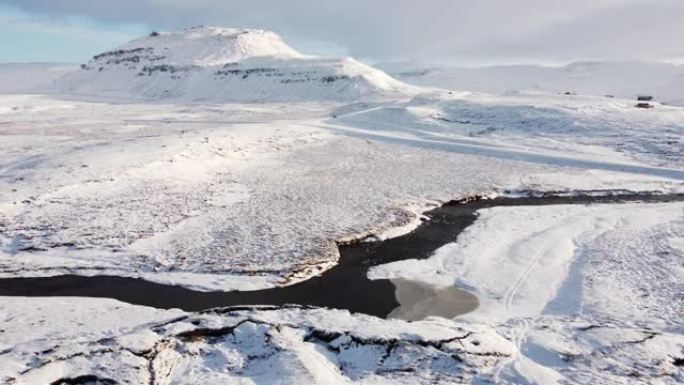 雪山高地范围冰冻河冬季场冰岛鼓舞人心的风景雪冰冷空中飞行镜头史诗全景自然电影4k