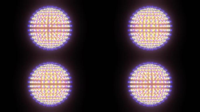 一个3D圆球连续循环旋转，周围环绕着充满活力的迪斯科灯光