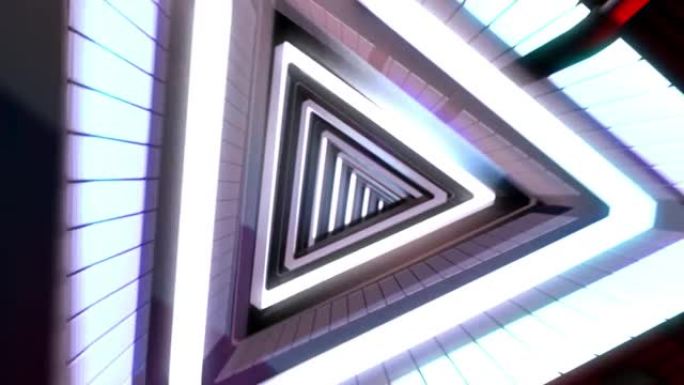 三角无限环管隧道3D背景，发光霓虹灯发光二极管抽象动画三角运动催眠漩涡效果，视错觉插图，抽象动画催眠