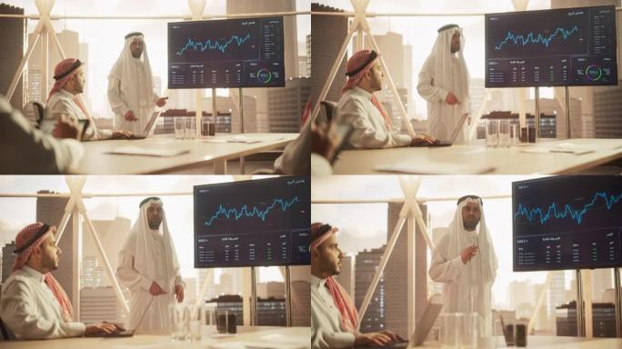 一位商人放映的电影镜头向一群投资者报告。电视屏幕显示图表、销售数字、增长战略、营销分析。会议室商务会