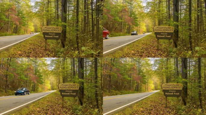 在Pisgah国家森林中行驶的带有秋天色彩的汽车