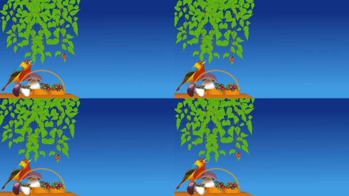 动画。一只五颜六色的鸟坐在篮子里，篮子里放着蘑菇、浆果和唱歌。一根桦树树枝在蓝天上，上面坐着一只瓢虫