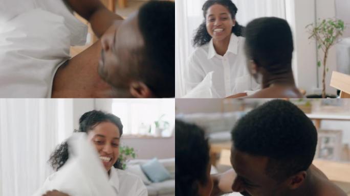 快乐的混血夫妇在床上枕头大战，周末早上在家一起享受有趣的浪漫关系4k镜头