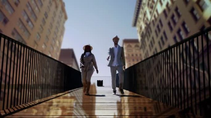 一男一女一起走在现代街道上，发现未来的城市城市天际线 -- 幸福生活方式场景
