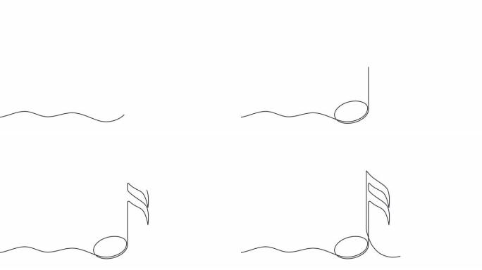 一条连续线的音符。在一行中绘制音符。带阿尔法通道的视频动画。