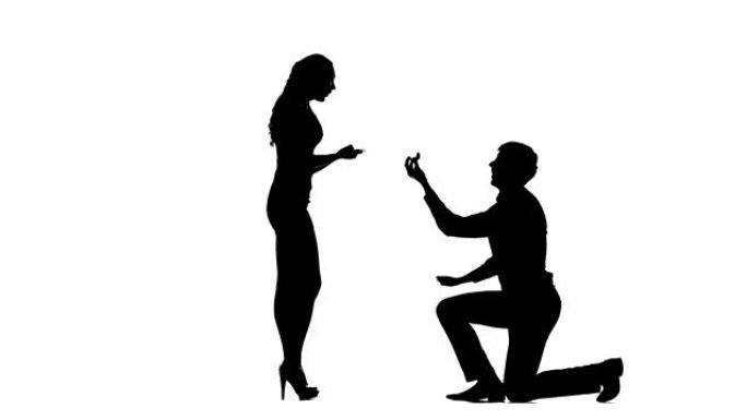 男人单膝和亲吻女人的手的剪影