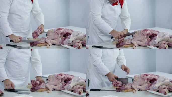 高清: 屠夫将火鸡的一部分切成碎片