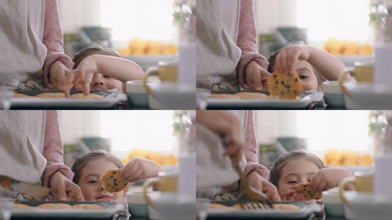 美丽的小女孩偷饼干和妈妈在厨房里烤偷偷摸摸的孩子享受美味的食物在家里玩得开心