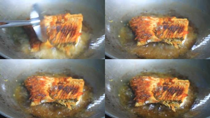 平底锅炒的新鲜鲭鱼
