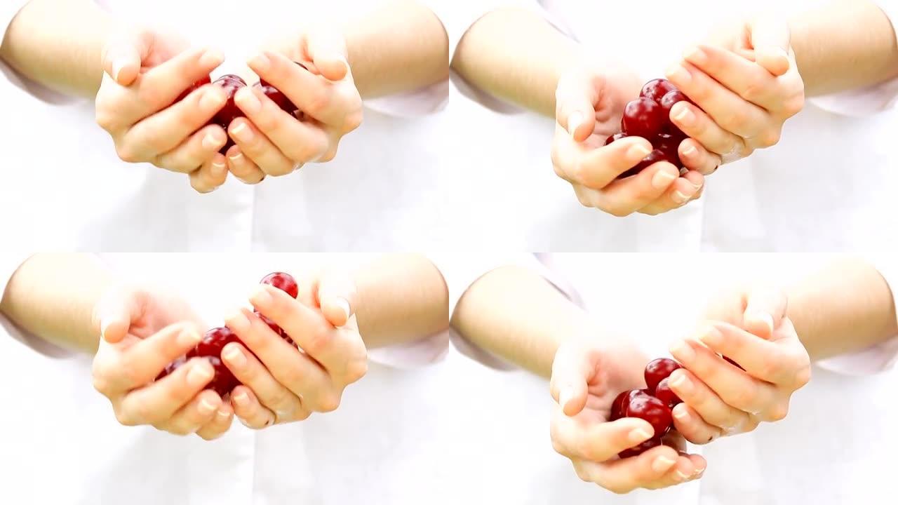 手中的樱桃水果。