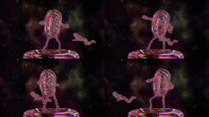 毛茸茸的钻石胶囊在太空背景下的平台上跳舞。一位钻石宇航员漂浮着。粉色霓虹色。
