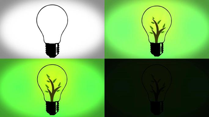 绿色生态灯泡，生长树木动画。高清