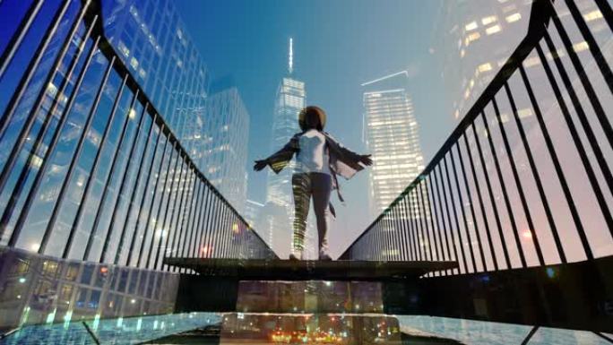 幸福生活方式年轻无忧女人站在现代桥路虚幻的未来城市天际线视图