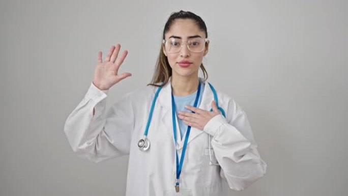 年轻美丽的西班牙裔女医生用手在孤立的白色背景上发誓