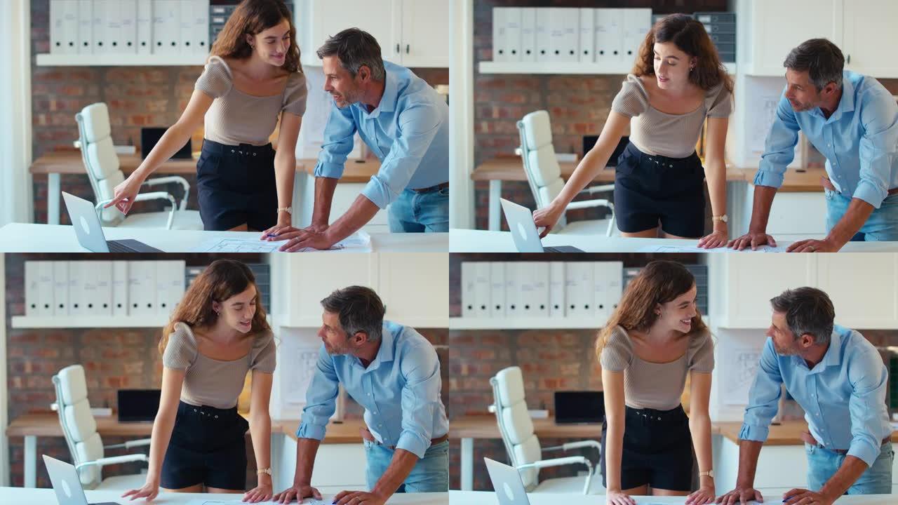 男女建筑师与笔记本电脑会面并讨论现代办公室的建筑计划-慢动作拍摄