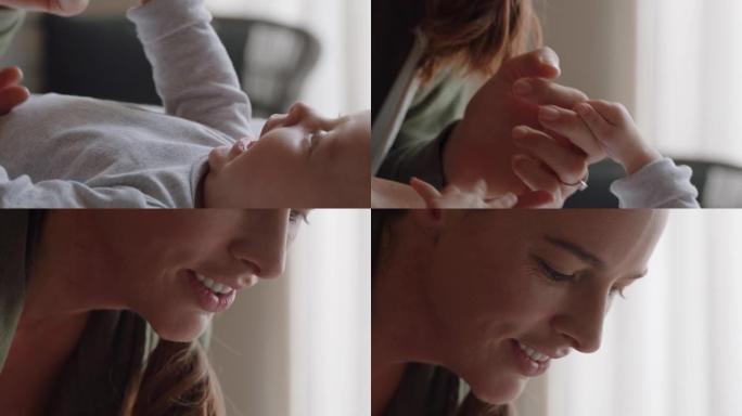 母亲抱着婴儿的手触摸手指培育新生儿在家照顾婴儿享受母亲