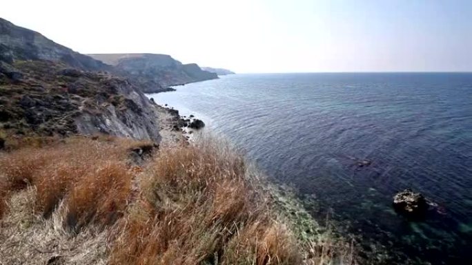 草地、岩石和风的海洋景观