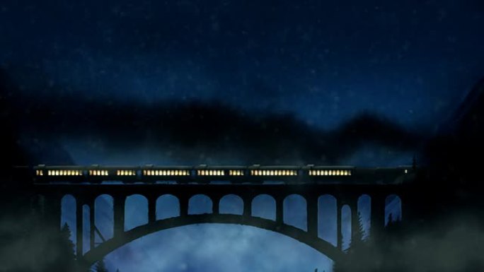 火车穿越山桥在一个雪夜高清