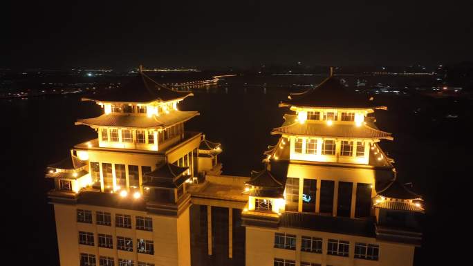 武汉中南民族大学图书馆双子楼夜景航拍