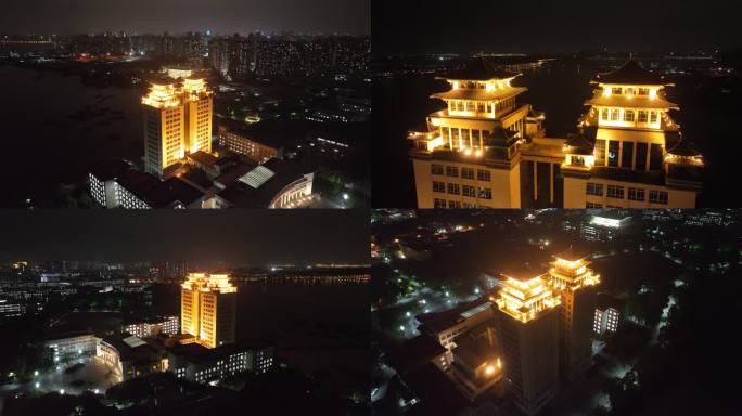 武汉中南民族大学图书馆双子楼夜景航拍