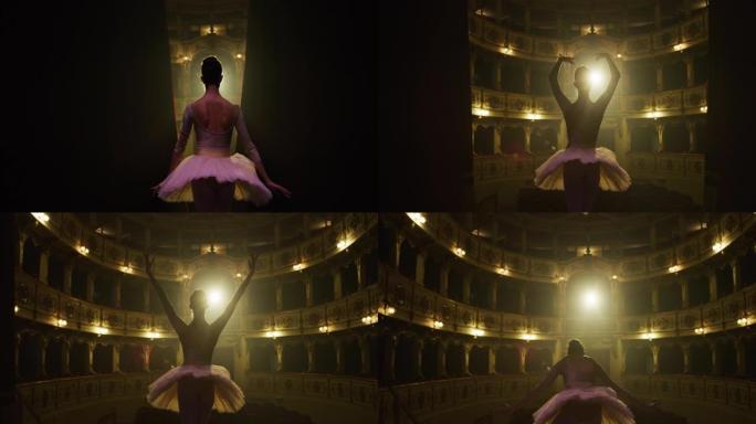 年轻的古典芭蕾舞女舞者站在经典剧院舞台上的电影背景图，聚光灯下进行谢幕。优雅的表演者接受观众对她的才