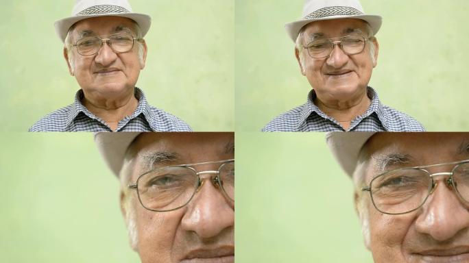 老人画像，带帽戴眼镜的快乐老人