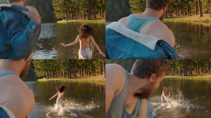 日落时分，快乐的情侣在湖里嬉戏，享受夏日的爱情