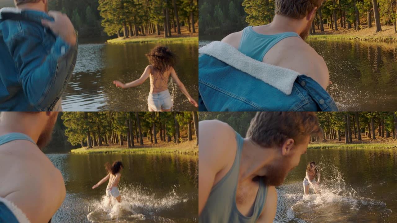 日落时分，快乐的情侣在湖里嬉戏，享受夏日的爱情