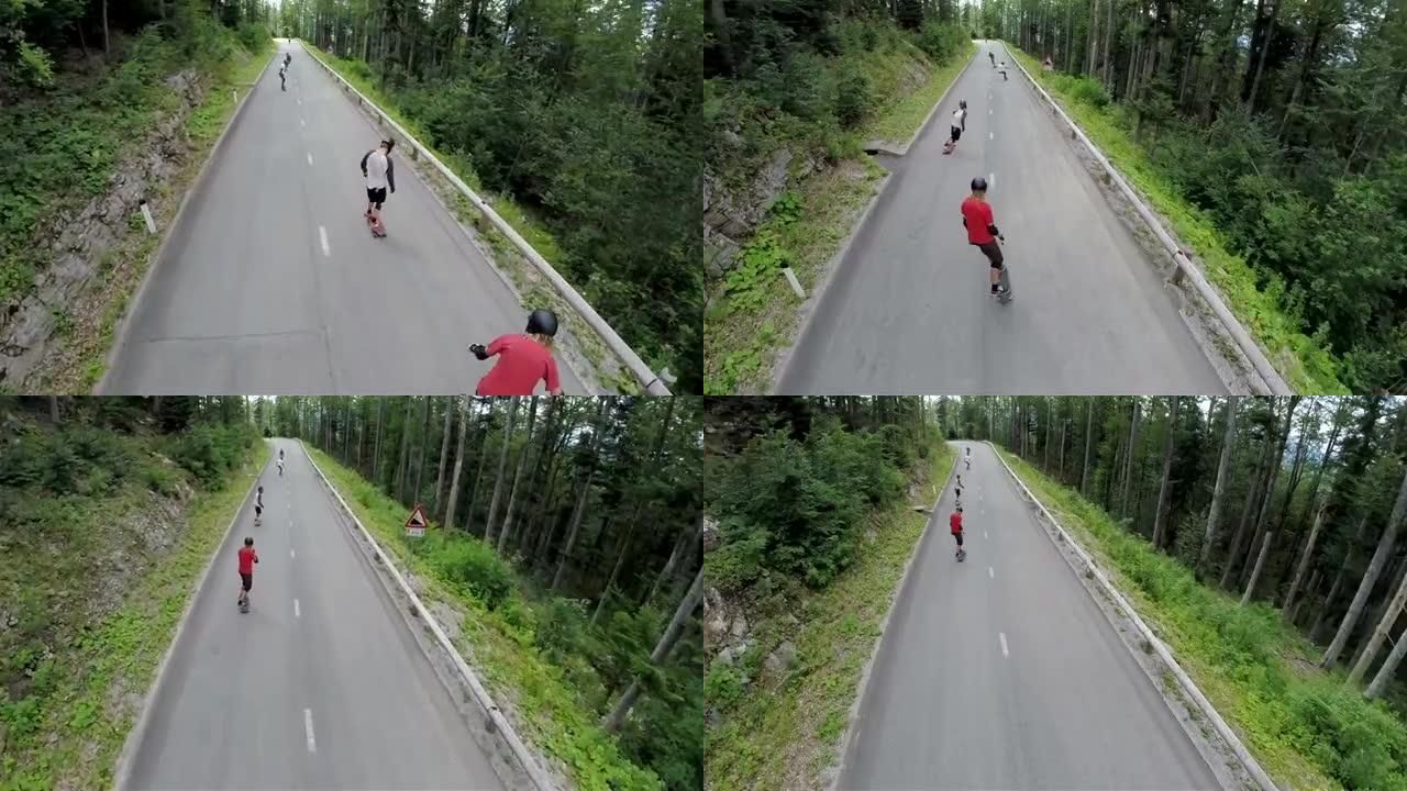 空中: 长板溜冰者以慢动作在路上行驶