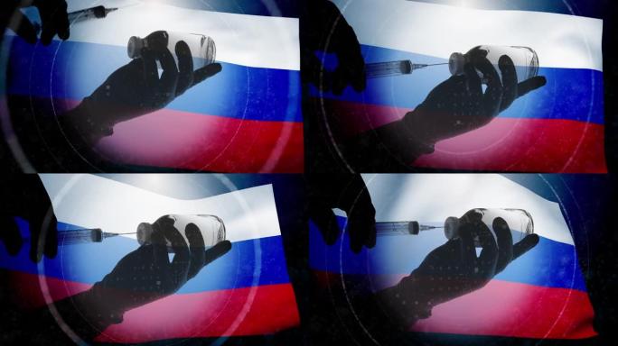 俄罗斯国旗背景上的液体摄入量。医学和药理学。科学与健康。现代生活中的纳米技术。计算机图形和双重曝光