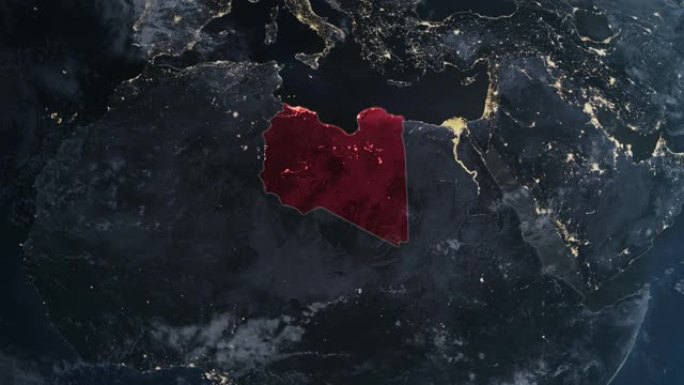 突出显示的利比亚黑色地图，通过4K照片真实动画地球从太空放大，全景包括非洲、西欧和美国。史诗旋转的世