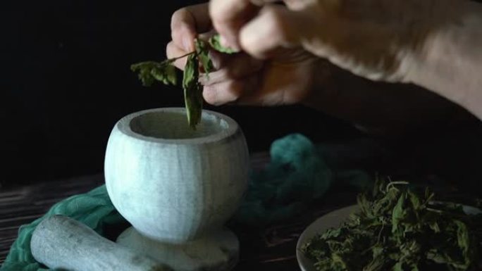 草药医生将草药倒入砂浆中。草药的制备。民间替代医学。