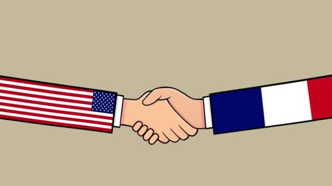 美国和法国政治协议动画与各国国旗。握手卡通，全球商务握手概念。色度键，Alpha通道，哑光完成。4K
