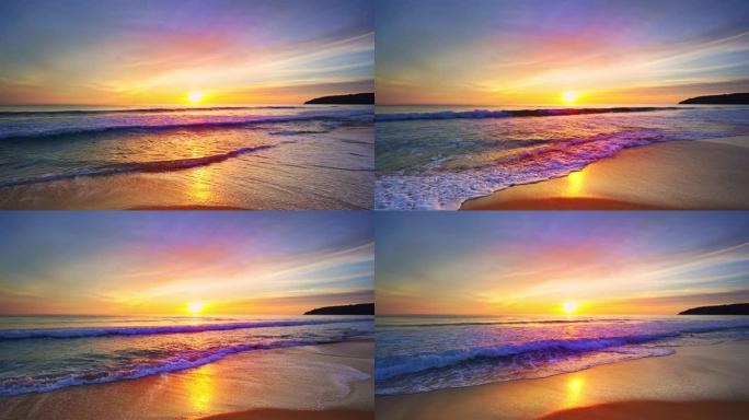 海滩上的金色日落，泡沫波的冲击波向沙滩上的彩色灯光日落滚动，美丽的海景日落或日出，海浪撞击海滩，五颜