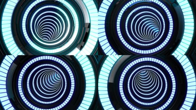 圆形无限环管隧道3D背景，发光霓虹灯发光二极管抽象动画螺旋运动催眠漩涡效果，视错觉插图，抽象动画催眠