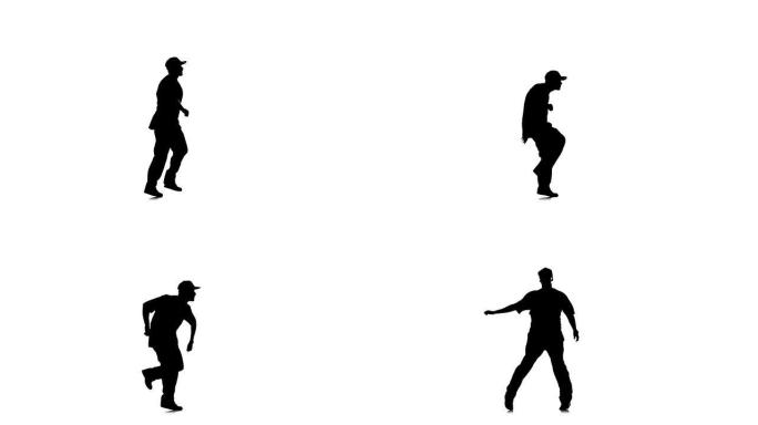 年轻人在白色背景上跳舞嘻哈kramp，慢动作，剪影