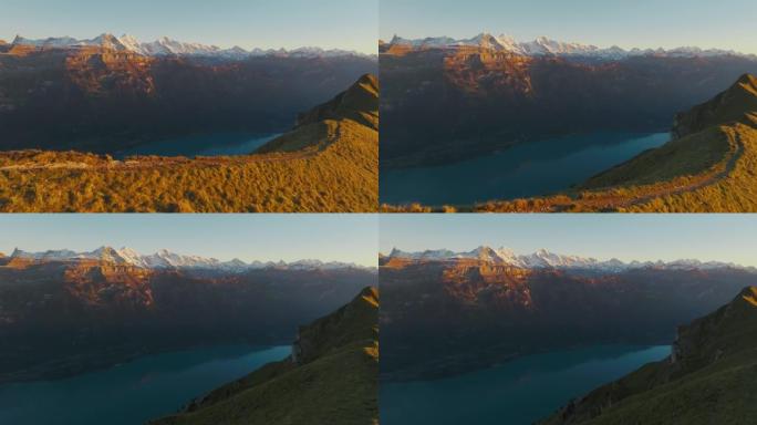 瑞士因特拉肯湖和山脊的鸟瞰图