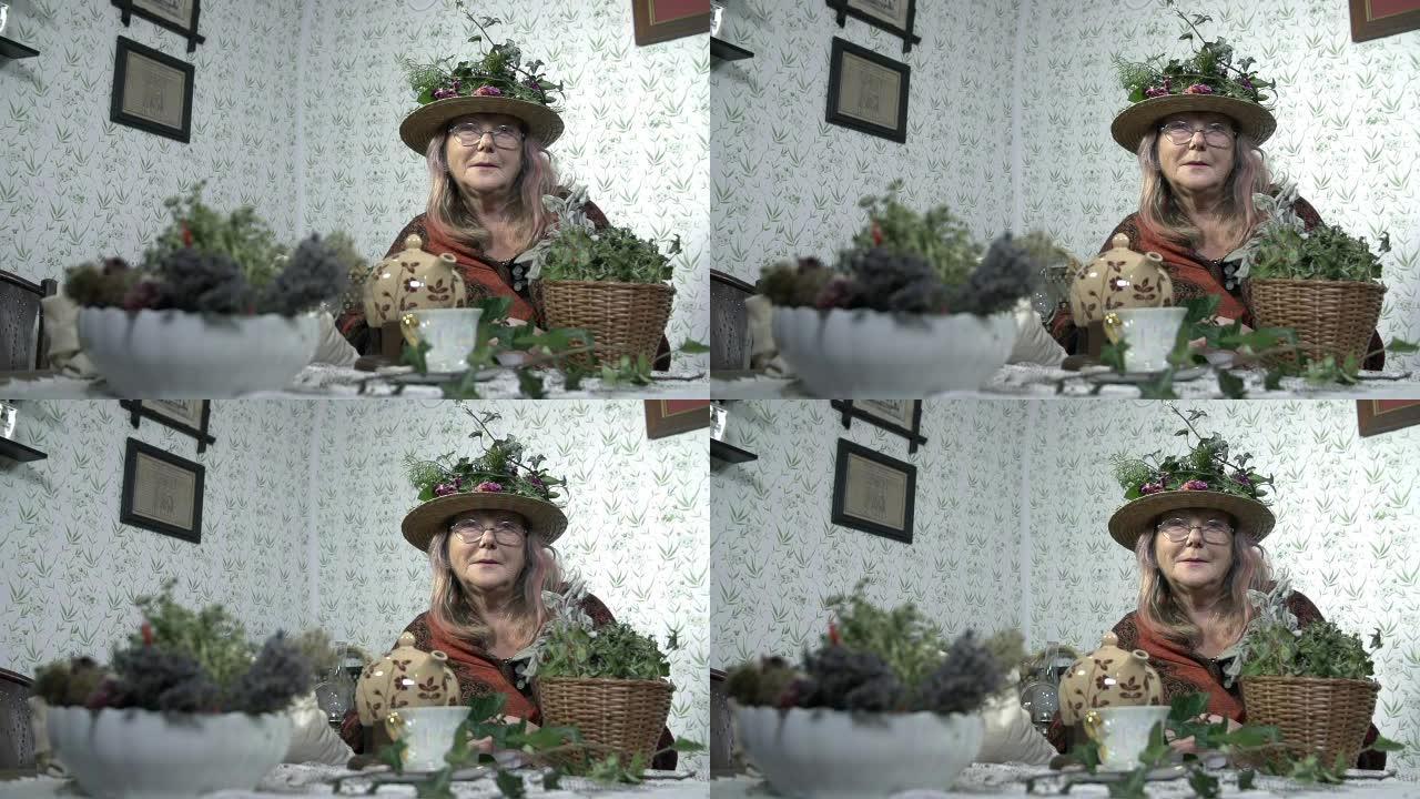 高清-慢: 奶奶戴着帽子，盯着相机