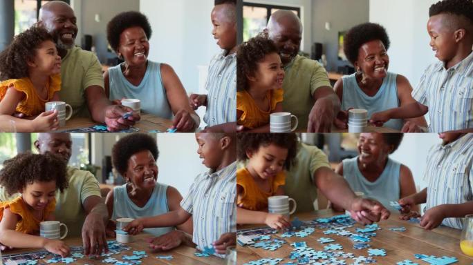 家庭与祖父母和孙子在家里的桌子上做拼图游戏