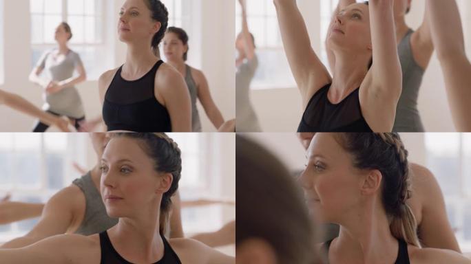 瑜伽课肖像孕妇高加索妇女练习战士与教练教学姿势组享受健康生活方式在健身工作室锻炼的妇女