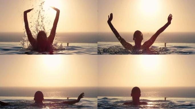 女子跳出游泳池，双臂举起，享受地中海酒店度假胜地的暑假，日落时可以看到海洋旅行自由剪影4k