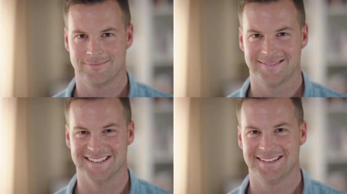 肖像快乐的白人男子微笑着看着相机，感觉自信的男性享受成功4k